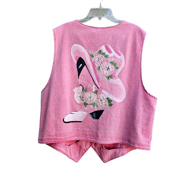 Vintage Pink Denim Western Vest Plus Size XXL Hand Painted Cowgirl Roses - Picture 11 of 11